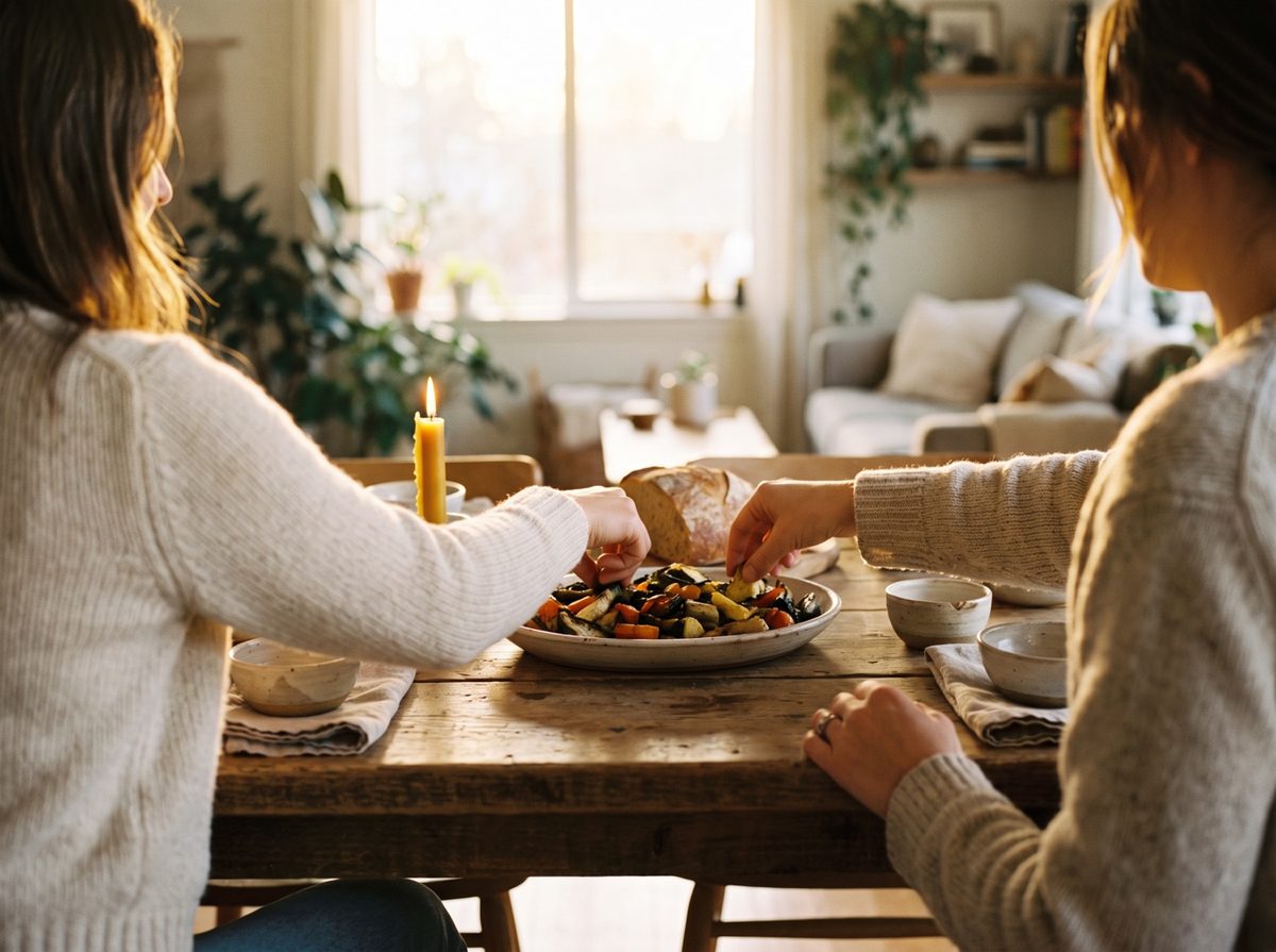 People cooking and sharing food together around a table