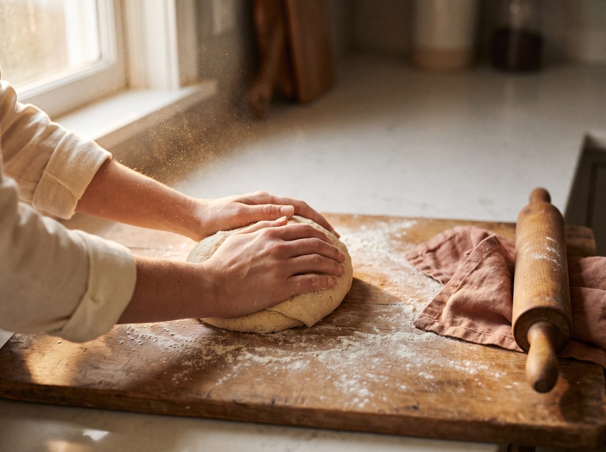 Hands mindfully preparing fresh ingredients in a calm kitchen